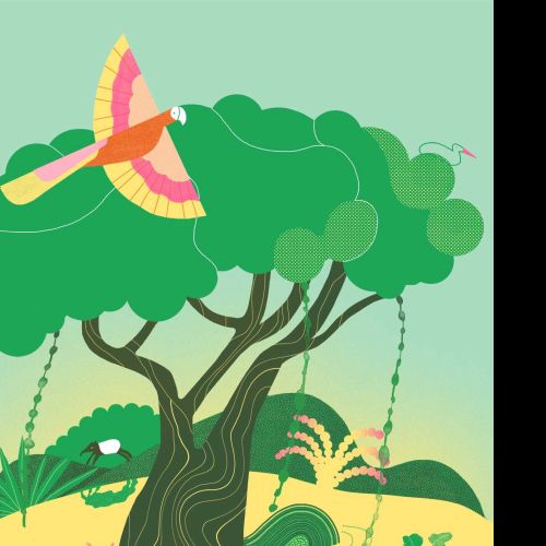 Tree of life featuring jaguar and colorful bird by Gina Rosas Moncada