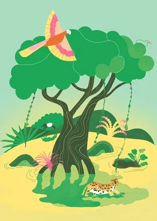Tree of life featuring jaguar and colorful bird by Gina Rosas Moncada