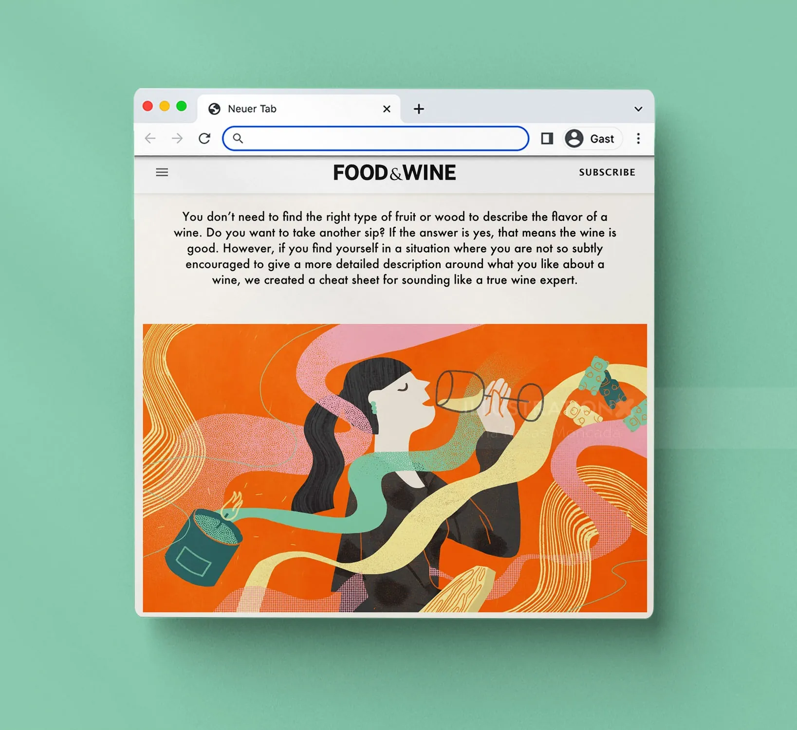 Woman tasting wine with swirling warm colors, illustration by Gina Rosas Moncada