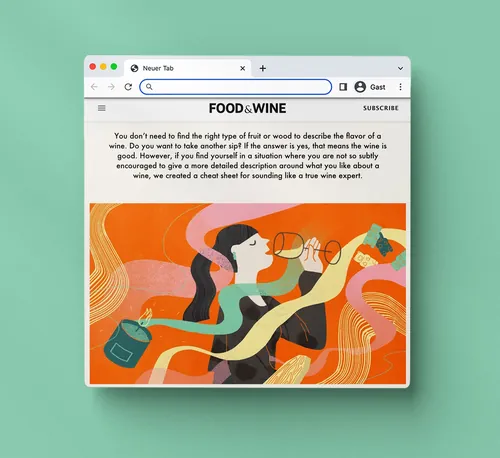 Woman tasting wine with swirling warm colors, illustration by Gina Rosas Moncada