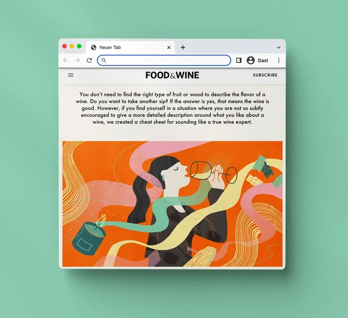Woman tasting wine with swirling warm colors, illustration by Gina Rosas Moncada