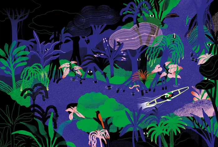 Colorful night forest scene with canoe and lush plants by Gina Rosas Moncada