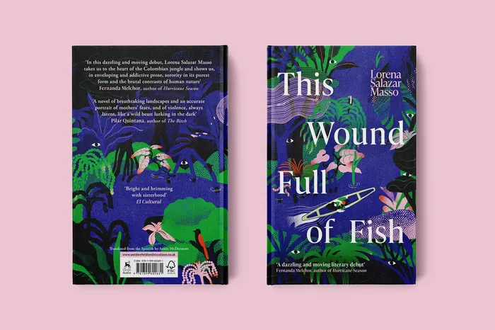 Book cover of This Wound Full of Fish with aquatic illustrations by Gina Rosas Moncada