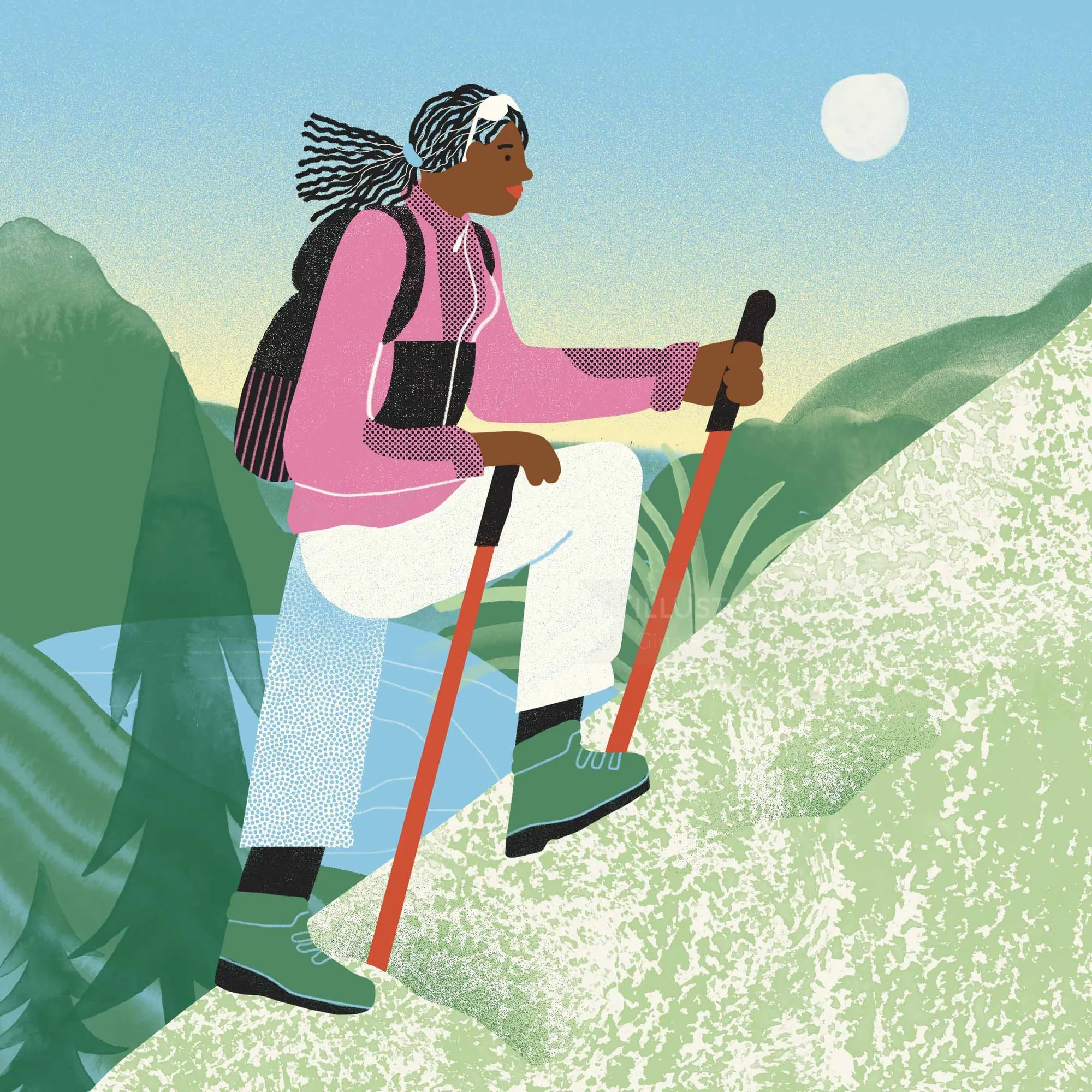 Hiker climbing hill with trekking poles in nature by Gina Rosas Moncada