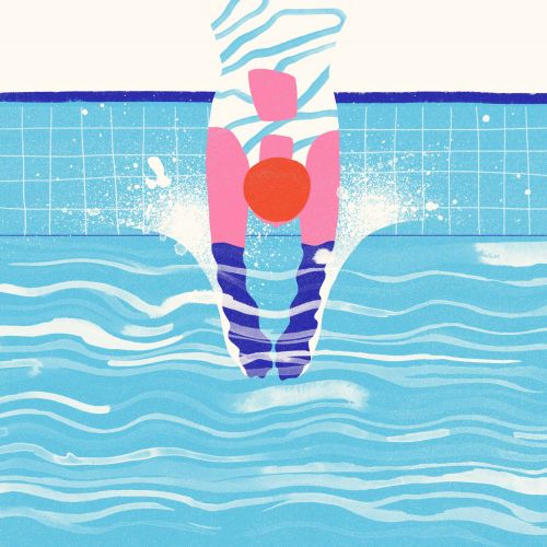 Colorful illustration of a diver in striped suit diving into pool water by Gina Rosas Moncada