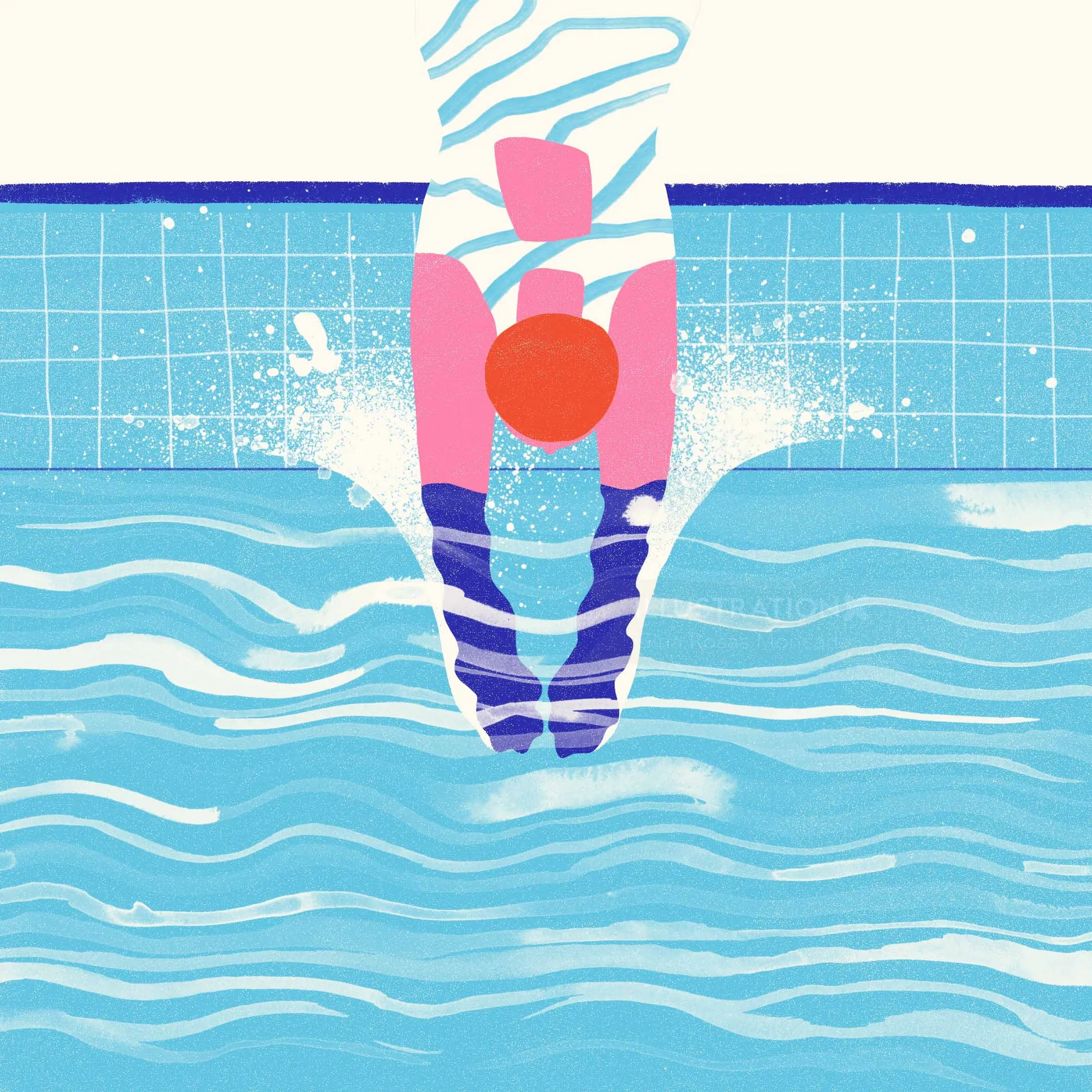 Colorful illustration of a diver in striped suit diving into pool water by Gina Rosas Moncada