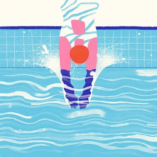 Colorful illustration of a diver in striped suit diving into pool water by Gina Rosas Moncada