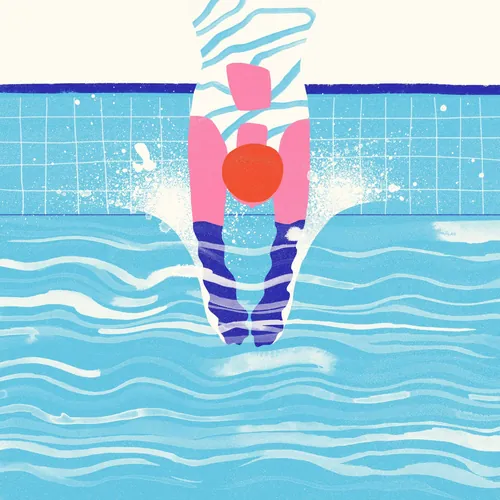 Colorful illustration of a diver in striped suit diving into pool water by Gina Rosas Moncada