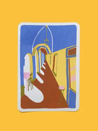 Abstract colorful alleyway with arches painted by Gina Rosas Moncada