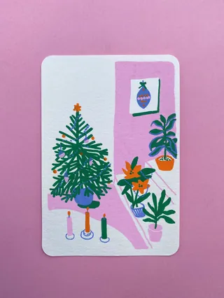 Christmas tree with candles and houseplants illustration by Gina Rosas Moncada