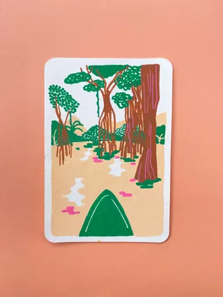 Kayak navigating the mangrove forest, colorful nature scene by Gina Rosas Moncada