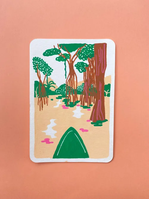 Kayak navigating the mangrove forest, colorful nature scene by Gina Rosas Moncada