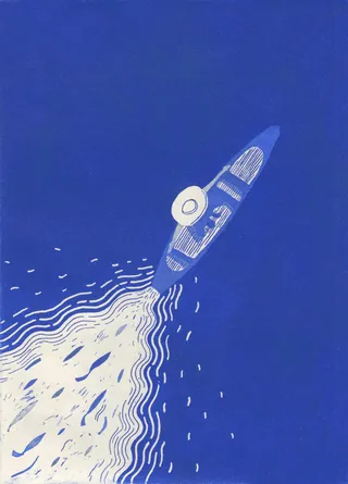 Illustration of a blue canoe moving in water with fish below