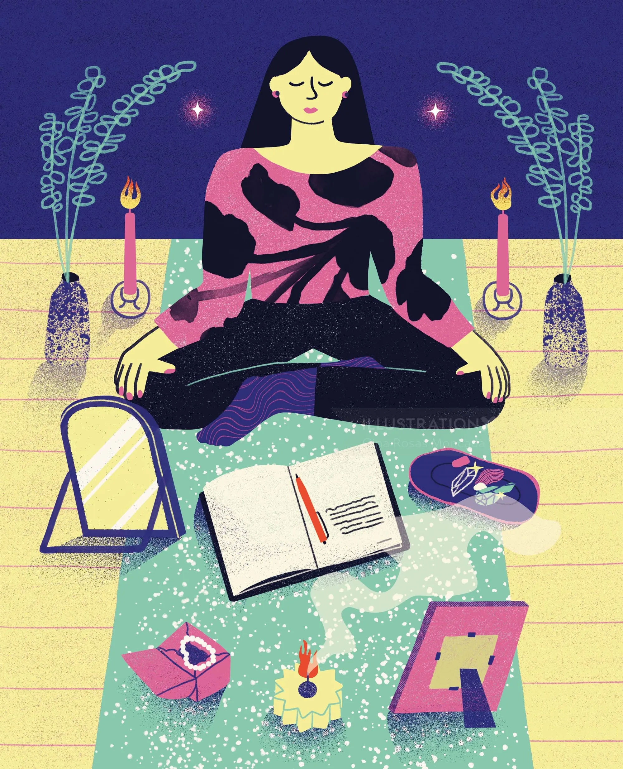 Woman meditating surrounded by candles, incense, open journal, and mirror.