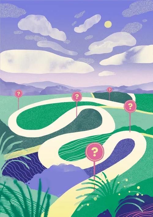 Curvy road with question mark signs in hilly landscape under sky