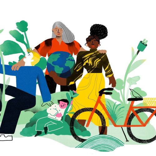 Diverse people with earth globe, plant, and bicycle celebrating unity