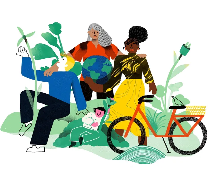 Diverse people with earth globe, plant, and bicycle celebrating unity