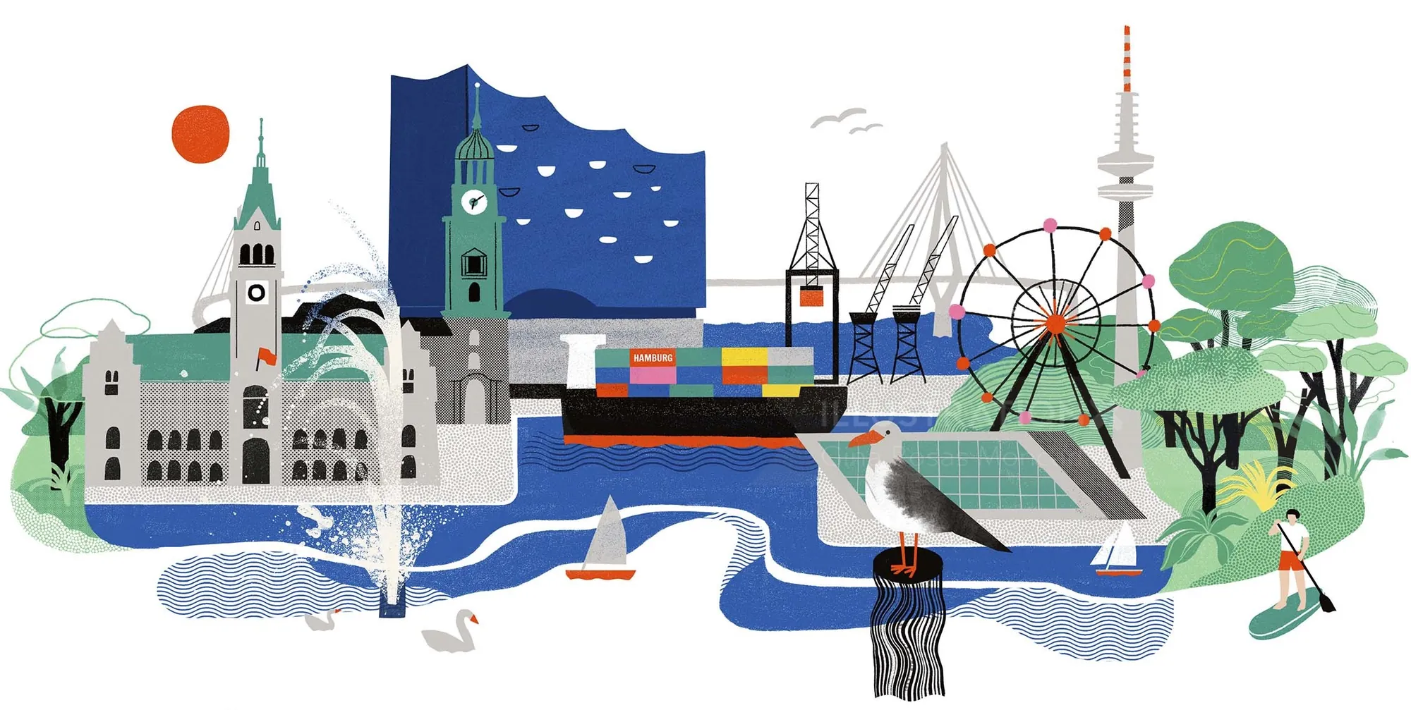 Illustration of Hamburg landmarks celebrating German Unity Day