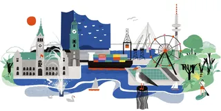 Illustration of Hamburg landmarks celebrating German Unity Day