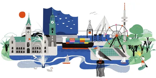 Illustration of Hamburg landmarks celebrating German Unity Day