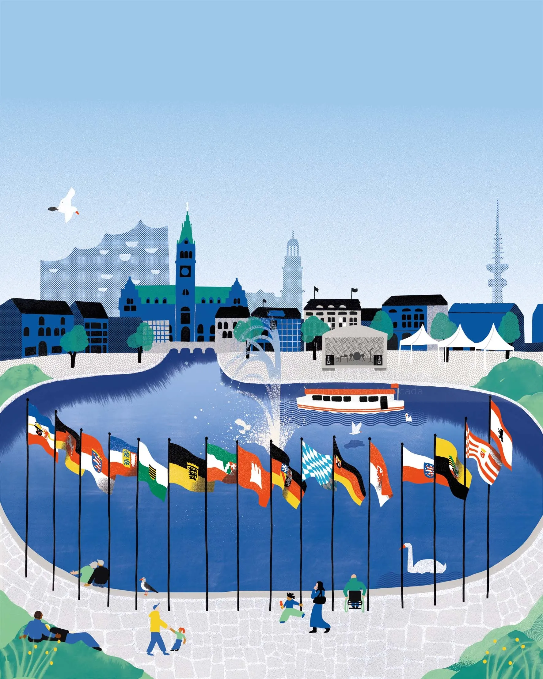 Illustration of Hamburg cityscape with flags around a water body