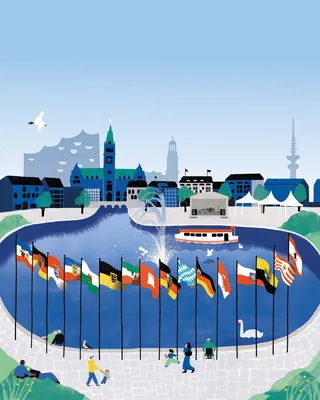 Illustration of Hamburg cityscape with flags around a water body