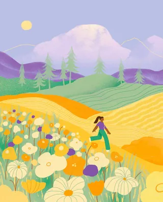 Person walking in vibrant flower fields with mountains and sunset sky