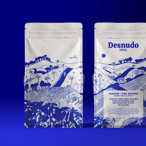 Blue and white coffee packaging illustration with landscape design