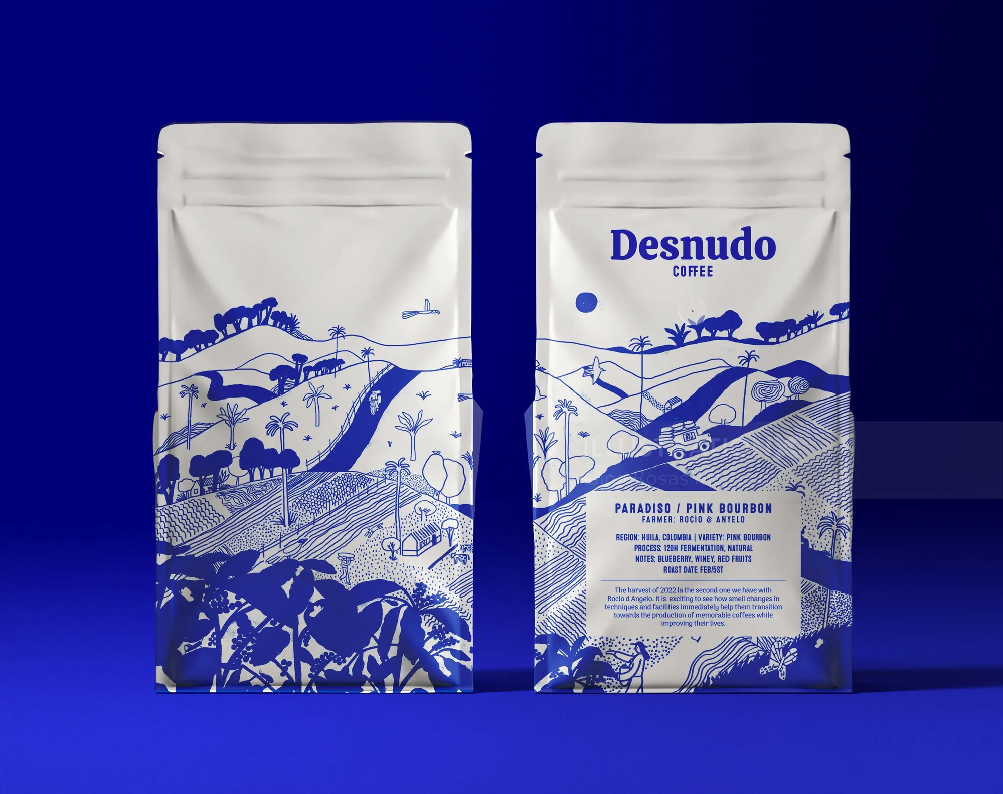 Blue and white coffee packaging illustration with landscape design