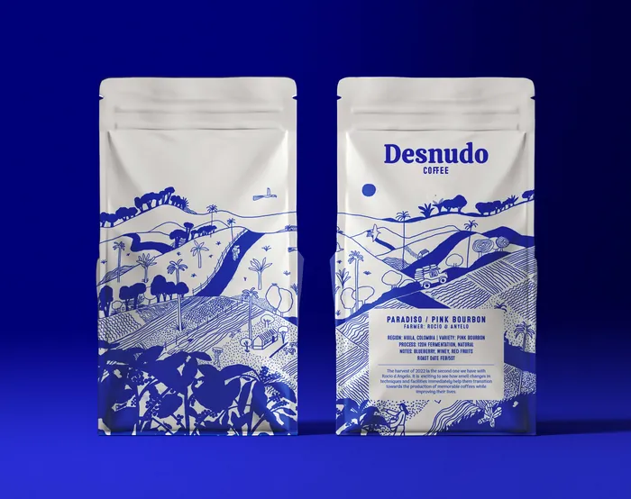 Blue and white coffee packaging illustration with landscape design