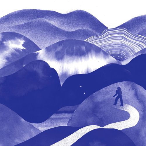 Abstract blue hills landscape with a winding white path and small figure