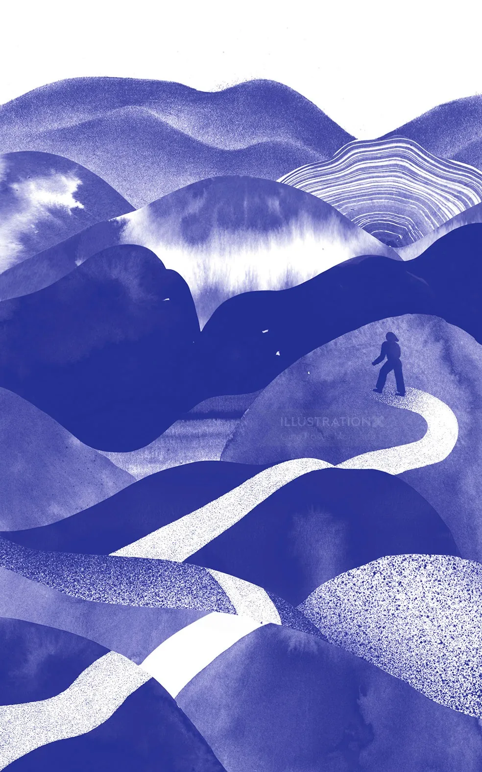Abstract blue hills landscape with a winding white path and small figure