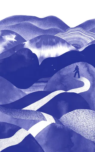 Abstract blue hills landscape with a winding white path and small figure