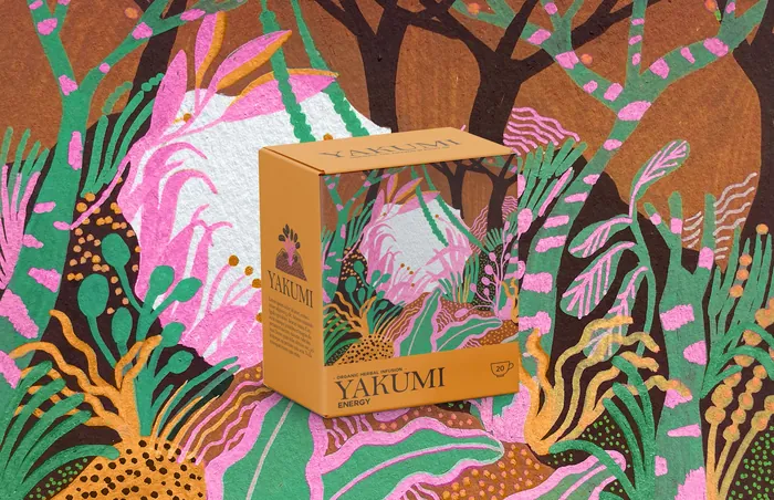 Yakumi packaging box on colorful abstract patterned surface