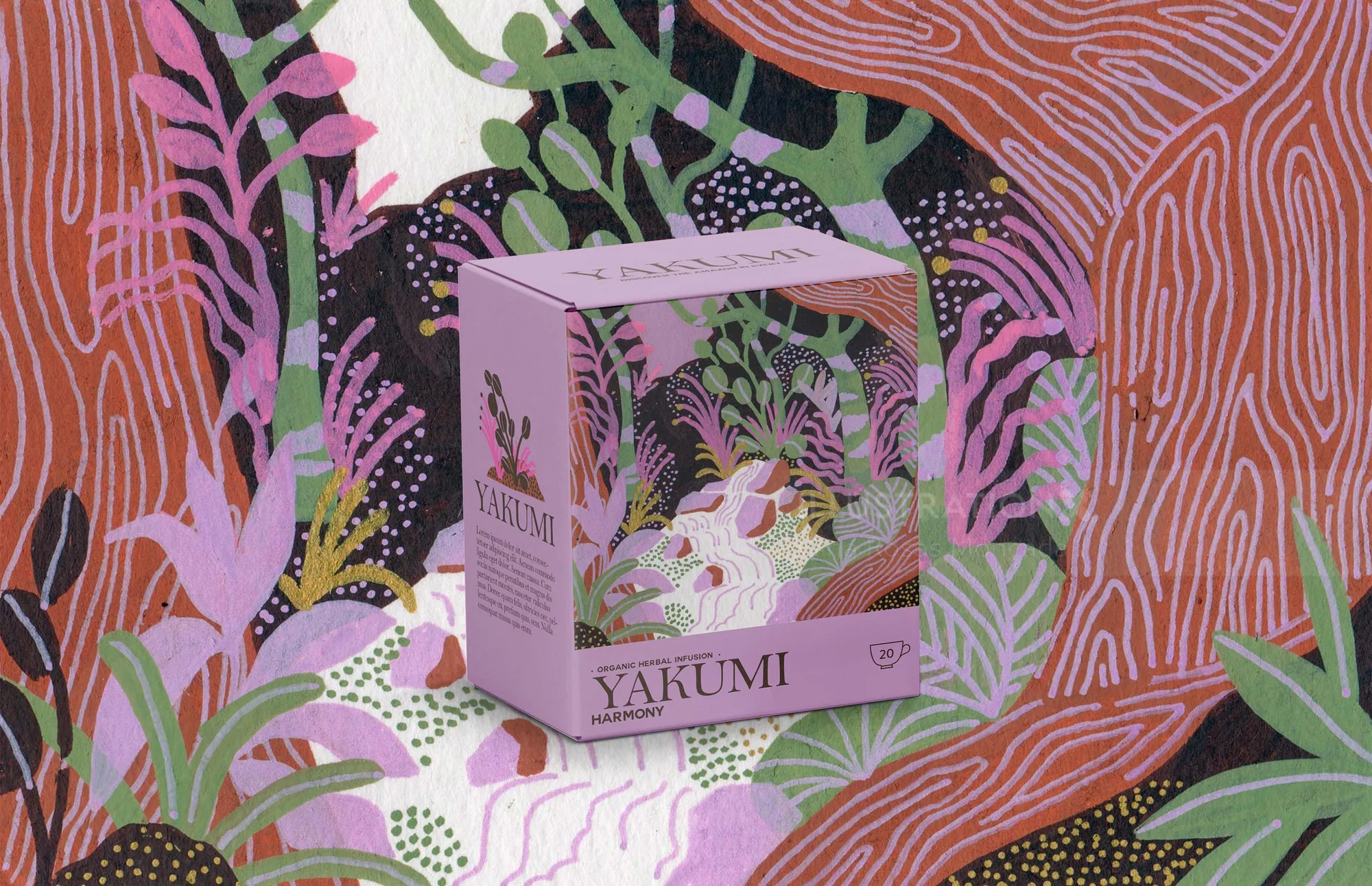 Pink packaging box with floral jungle design on colorful background