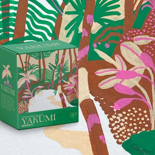 Tropical packaging with vibrant green and pink plants illustration