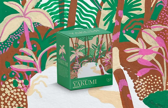 Tropical packaging with vibrant green and pink plants illustration