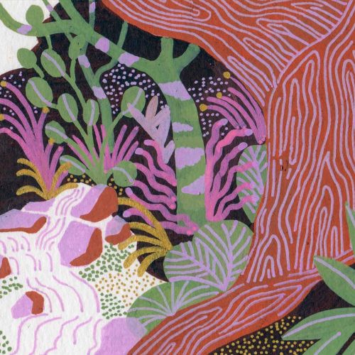 Abstract forest illustration with vibrant trees and a flowing stream