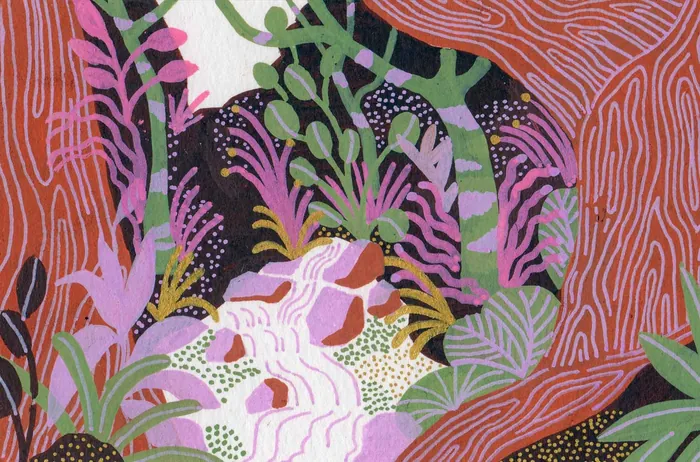 Abstract forest illustration with vibrant trees and a flowing stream