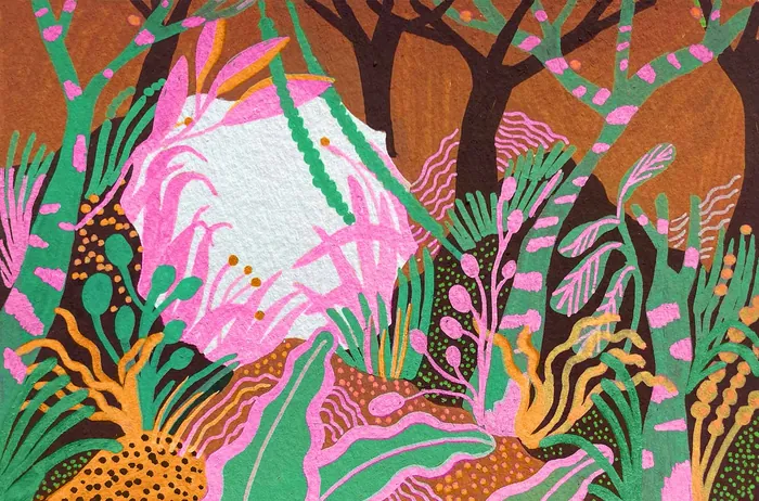 Abstract vibrant forest illustration with colorful plants and trees