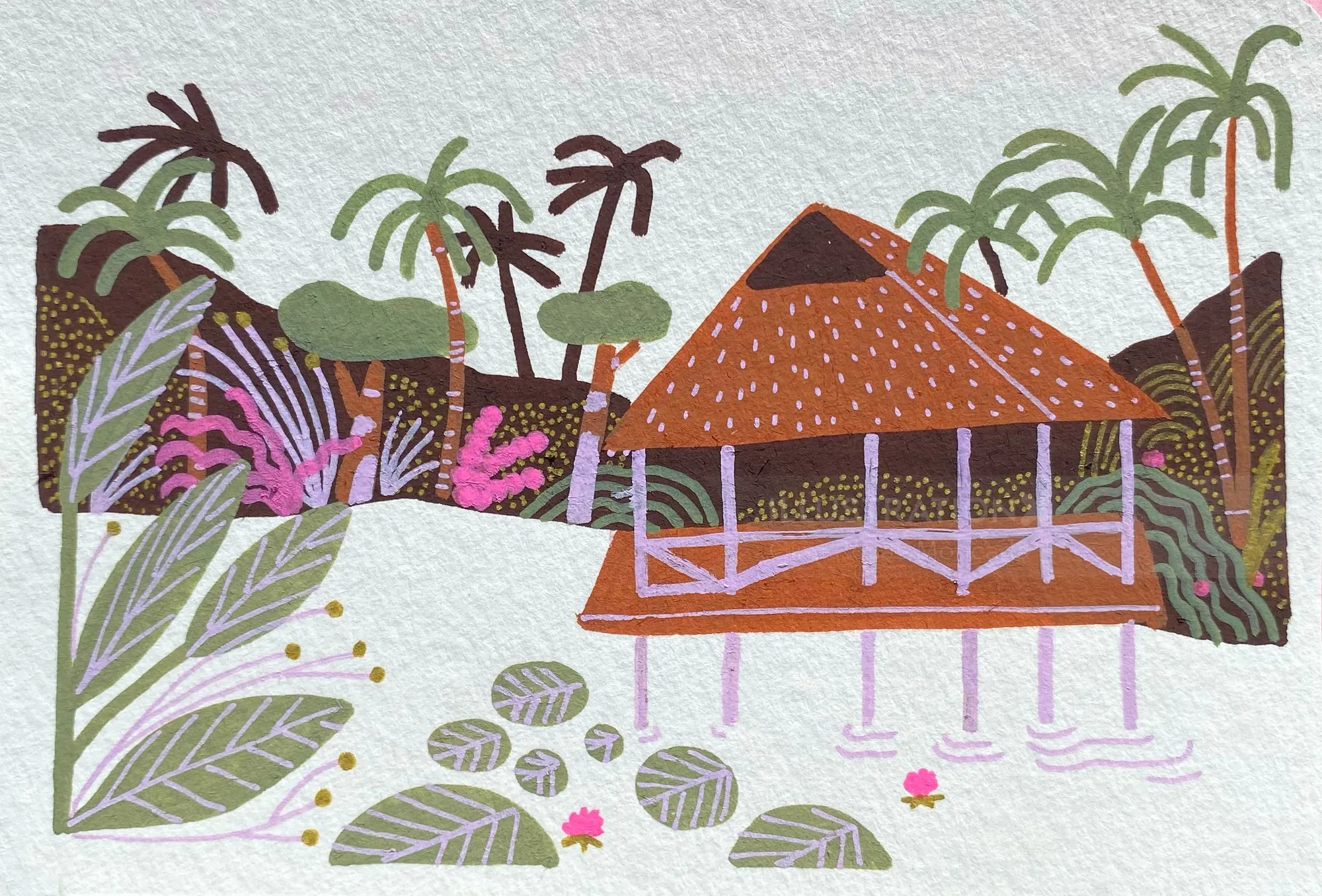 Tropical hut on stilts with palm trees and water lilies in serene setting