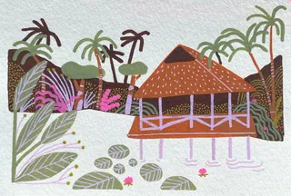 Tropical hut on stilts with palm trees and water lilies in serene setting