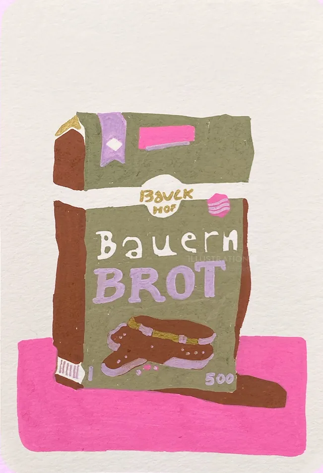 Packaged Bauern Brot brown bread on pink surface illustration