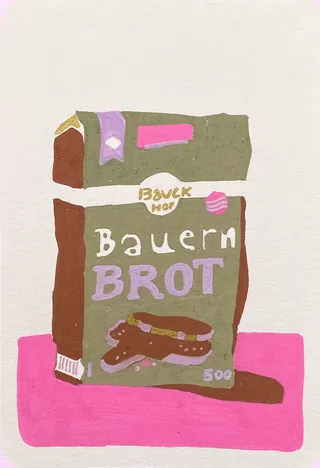 Packaged Bauern Brot brown bread on pink surface illustration