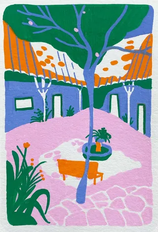 Abstract colorful courtyard scene with tree, plants, and buildings