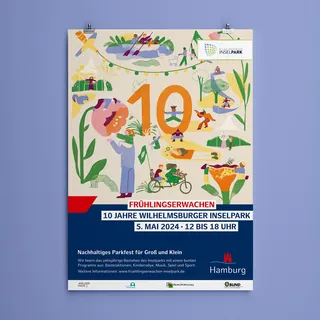 Illustrated flyer for 10 years Wilhelmshburger Inselpark spring celebration event