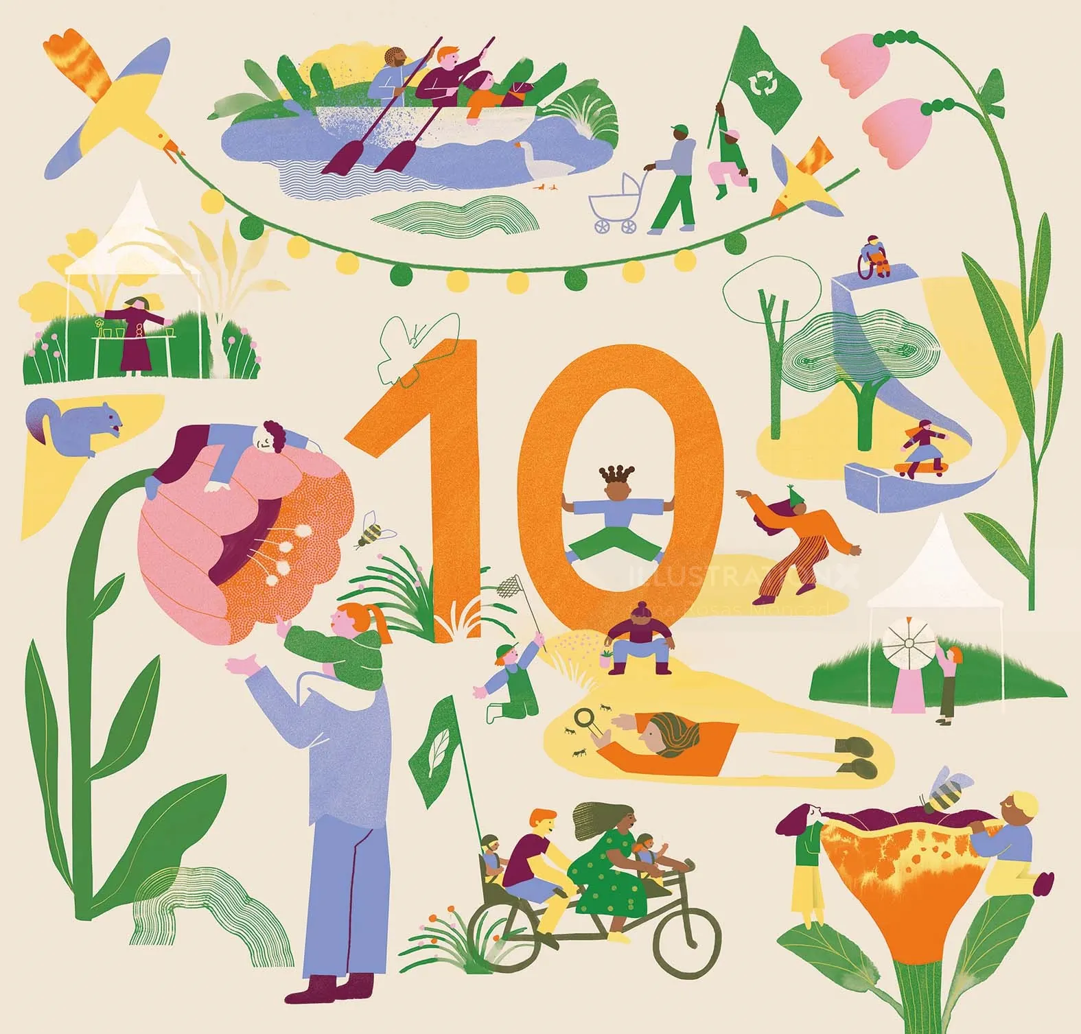 Illustration with number 10 and people engaging in various outdoor activities