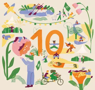 Illustration with number 10 and people engaging in various outdoor activities