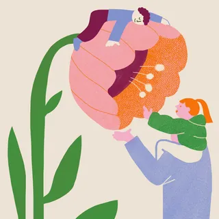Person lying on flower with another person reaching towards it