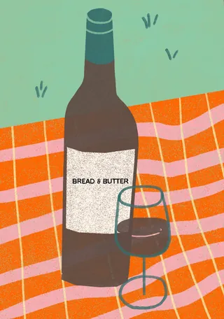 Red wine bottle and glass on orange checkered blanket outdoors